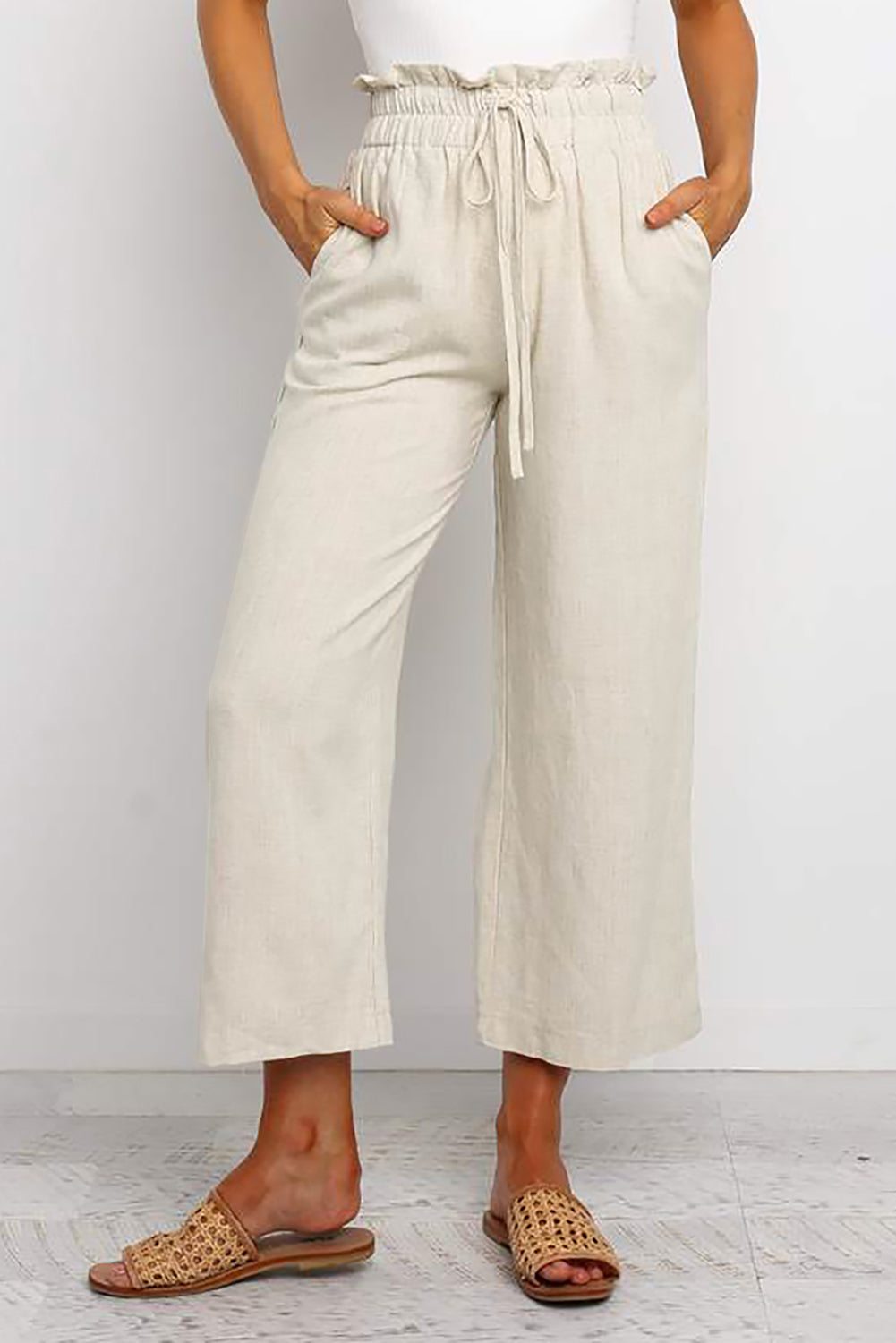 Khaki Paperbag Waist Straight Leg Cropped Pants