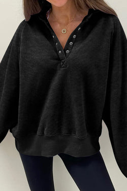 Black Oversized Sweatshirt with Balloon Sleeves and Solid Snap Collar