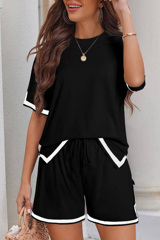 Black contrast trim t-shirt and shorts set