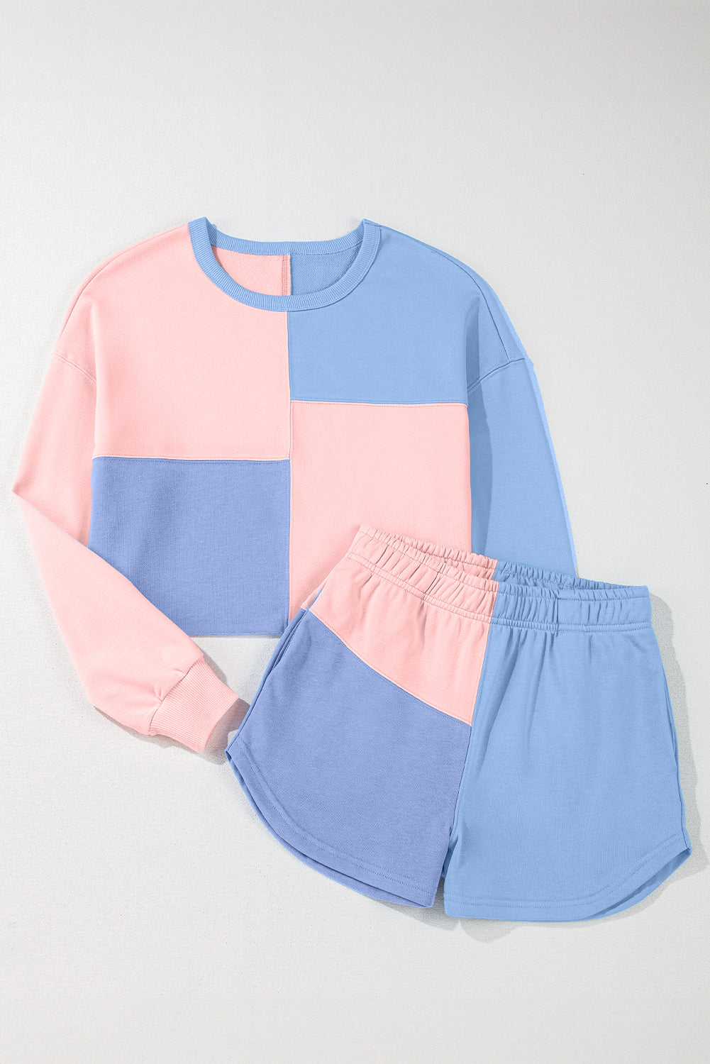 Sky Blue Color Block Patchwork Long Sleeve Shorts Outfit