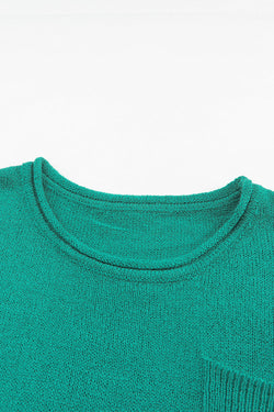 Green Solid Color Off Shoulder Ribbed Knit Sweater with Pocket