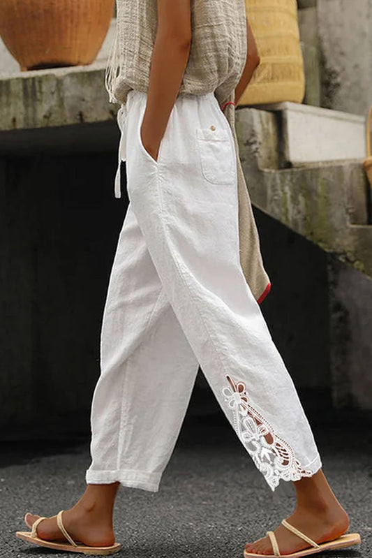 Pantalon en coton décontracté avec cordon d'épissage en dentelle blanc