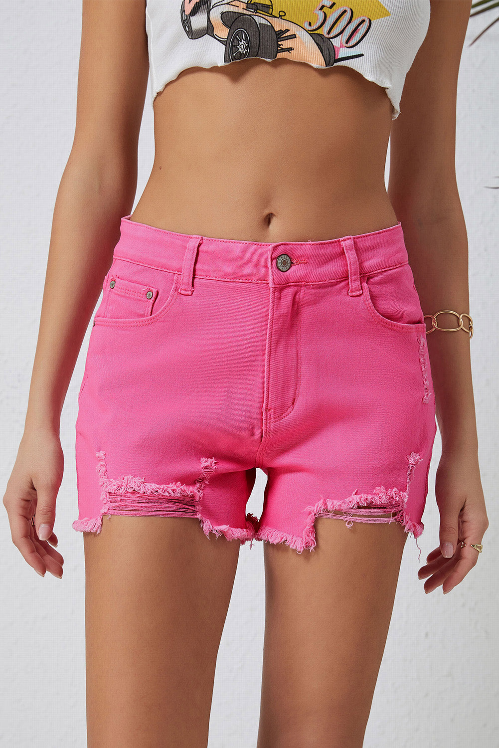 Rose Distressed Slim Fit High Waist Denim Shorts