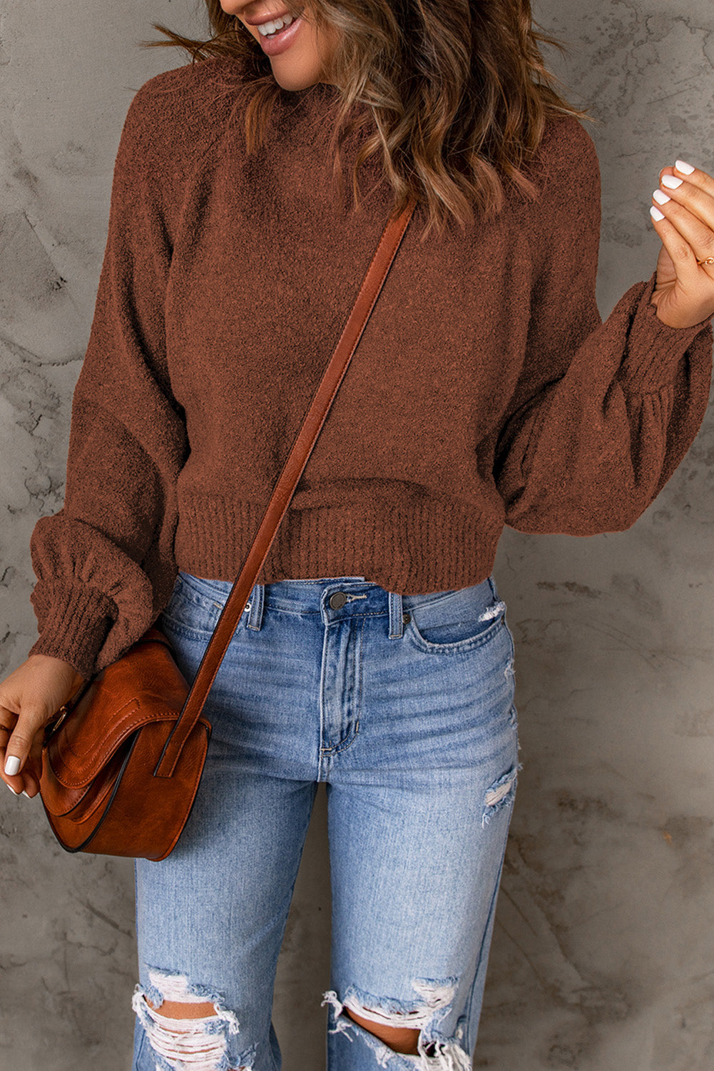 Brown Solid Color Lantern Sleeve Knitted Sweater