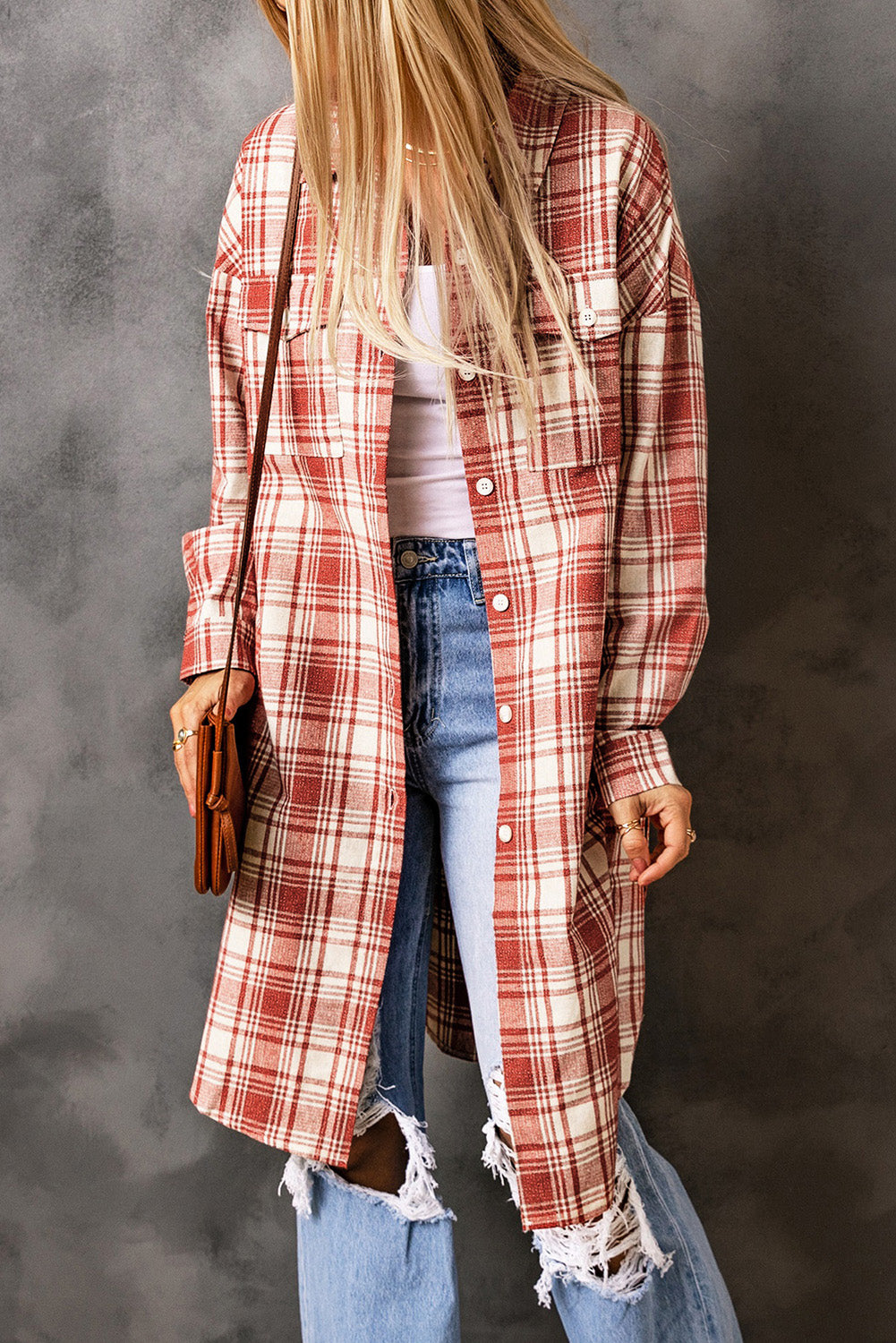 Fiery Red Plaid Print Button Long Shacket