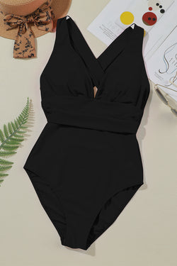 Black monokini with a deep -turned V -neck collar Gathered dar