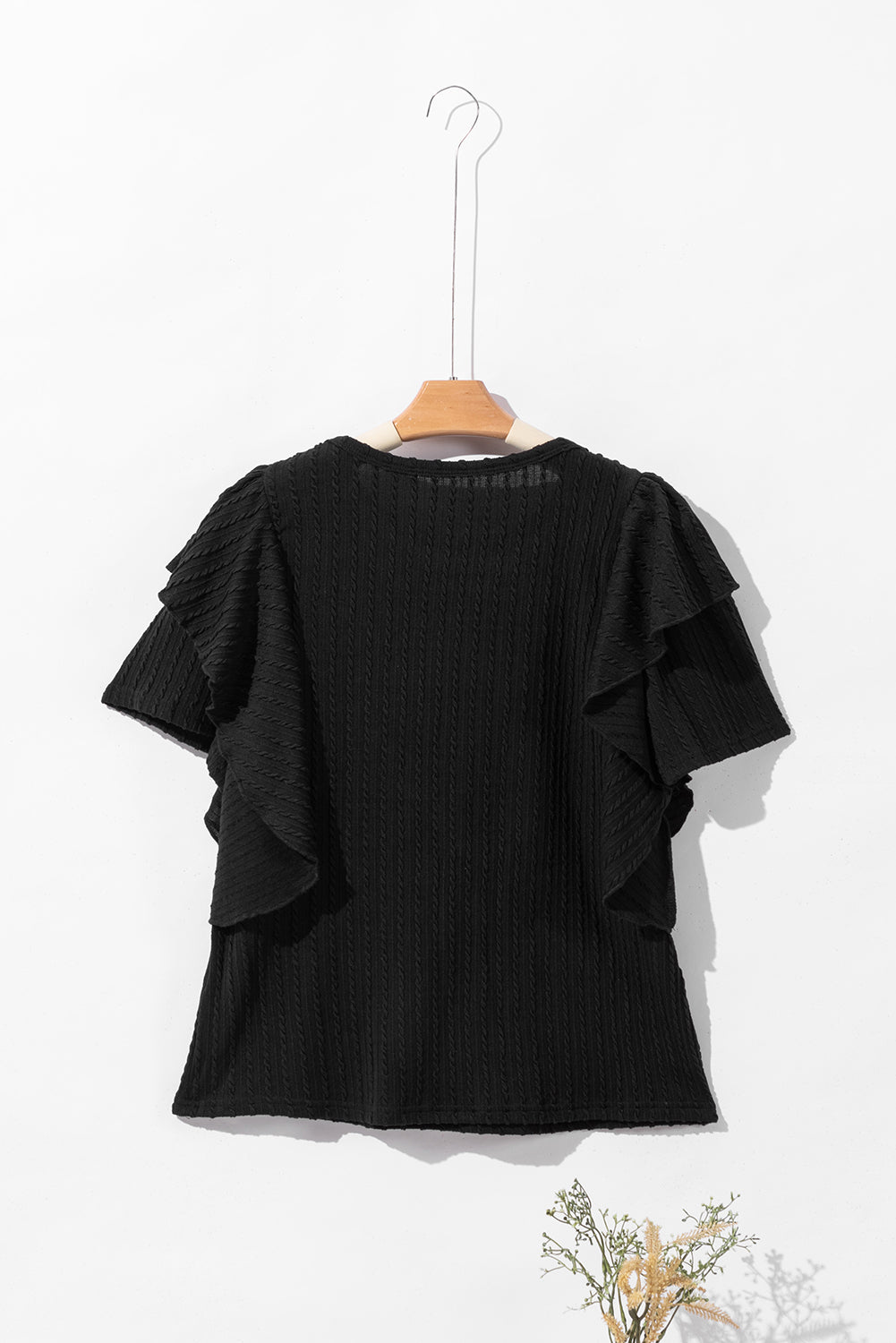 Black Braided Textured Ruffled Sleeve Top