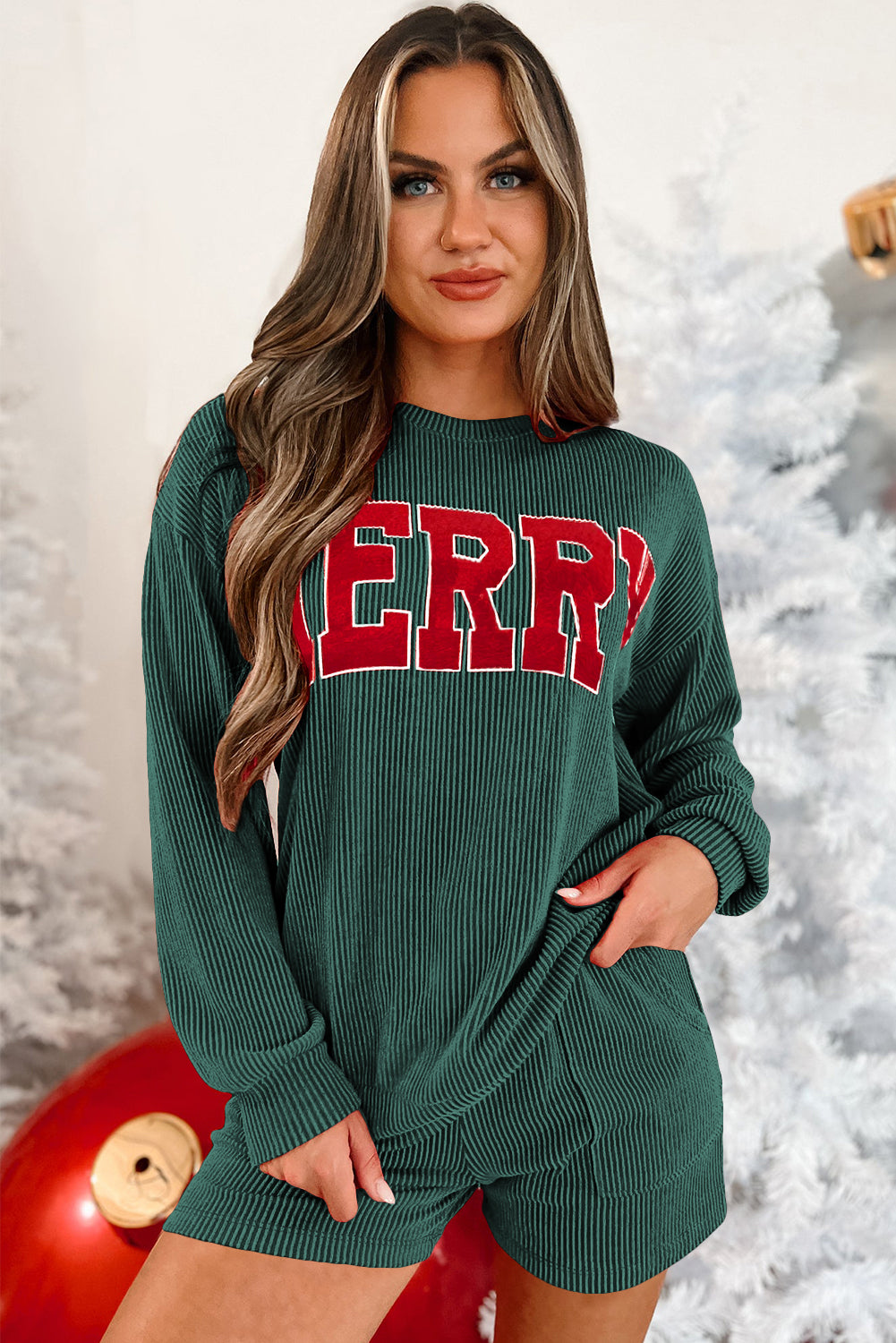 MERRY Graphic Print Long Sleeve Top and Shorts Set in Evergreen Cord