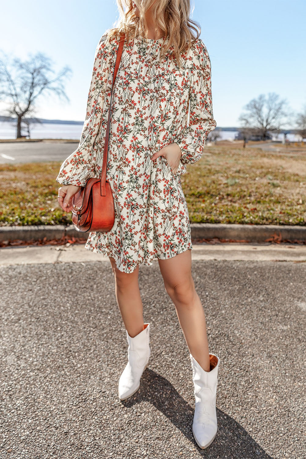 White long sleeve mini dress with floral print