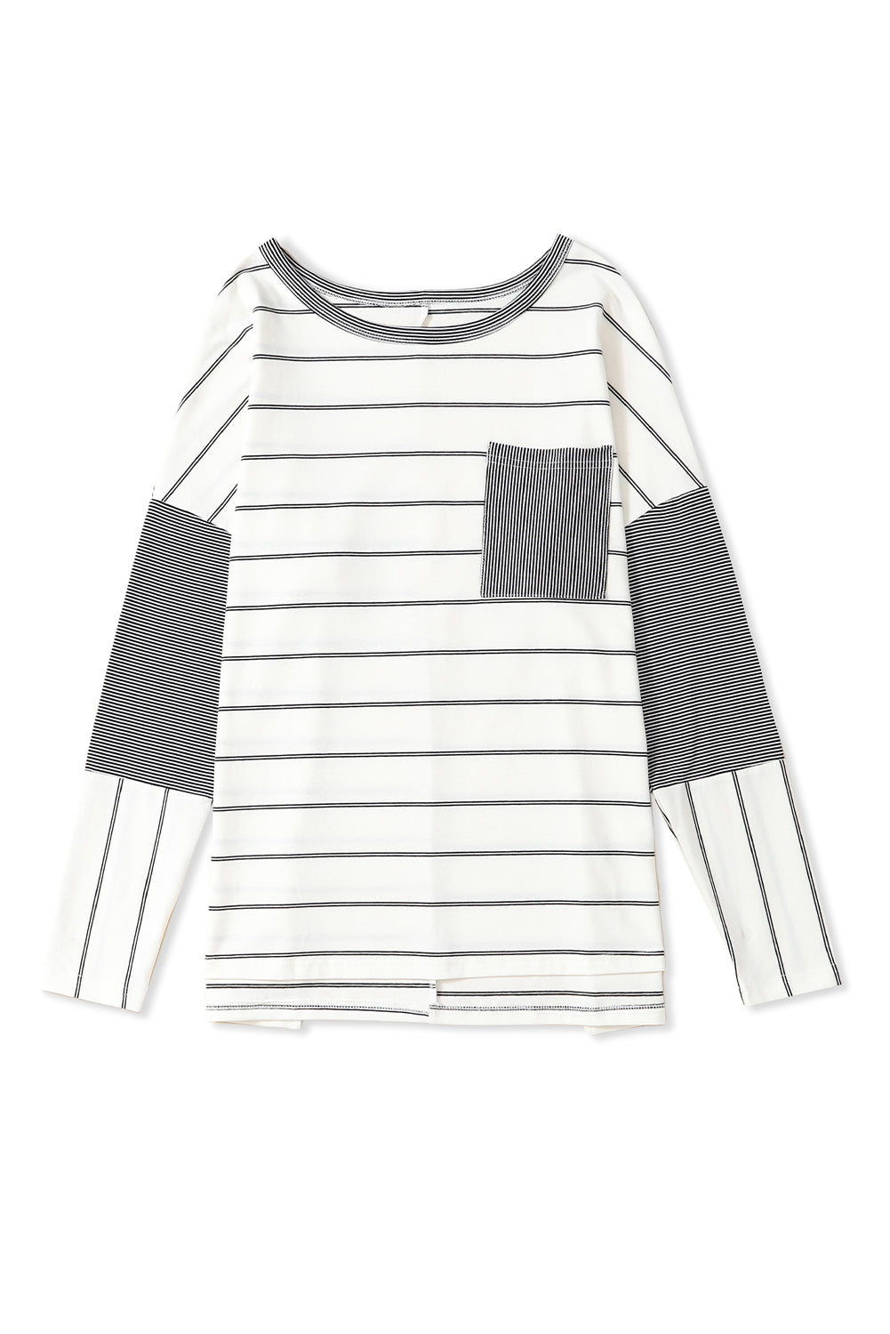 Stripe Patchwork High Low Side Slits Long Sleeve Top