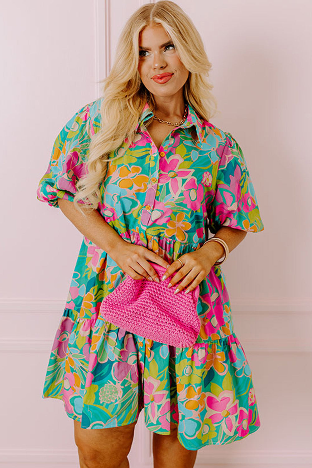 Green Plus Floral Print Puff Sleeve Tiered Shirt Dress