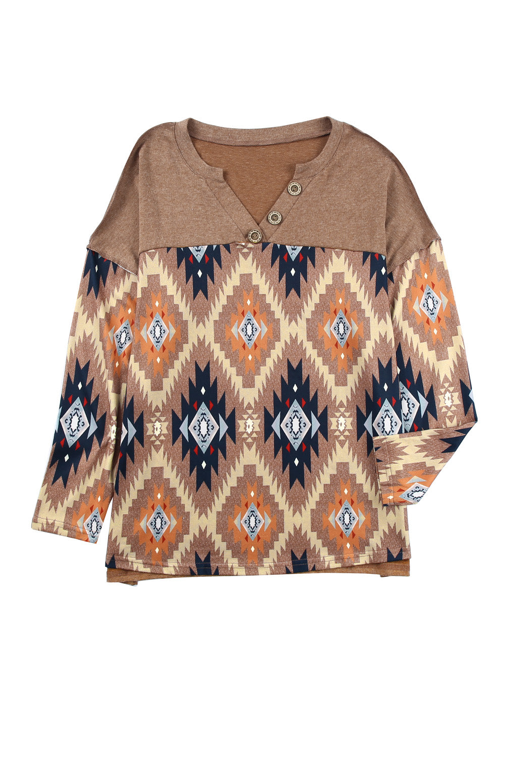 Brown Western Aztec Print Buttoned V Neck Top