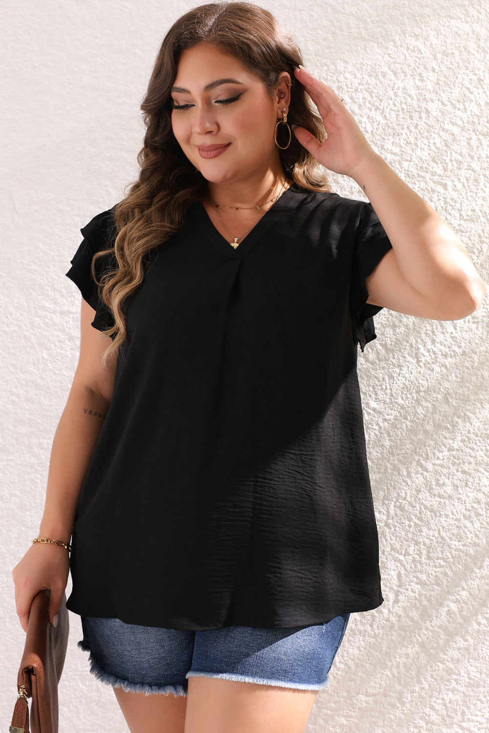 Black Black Short Short Manleve Neck Blouse