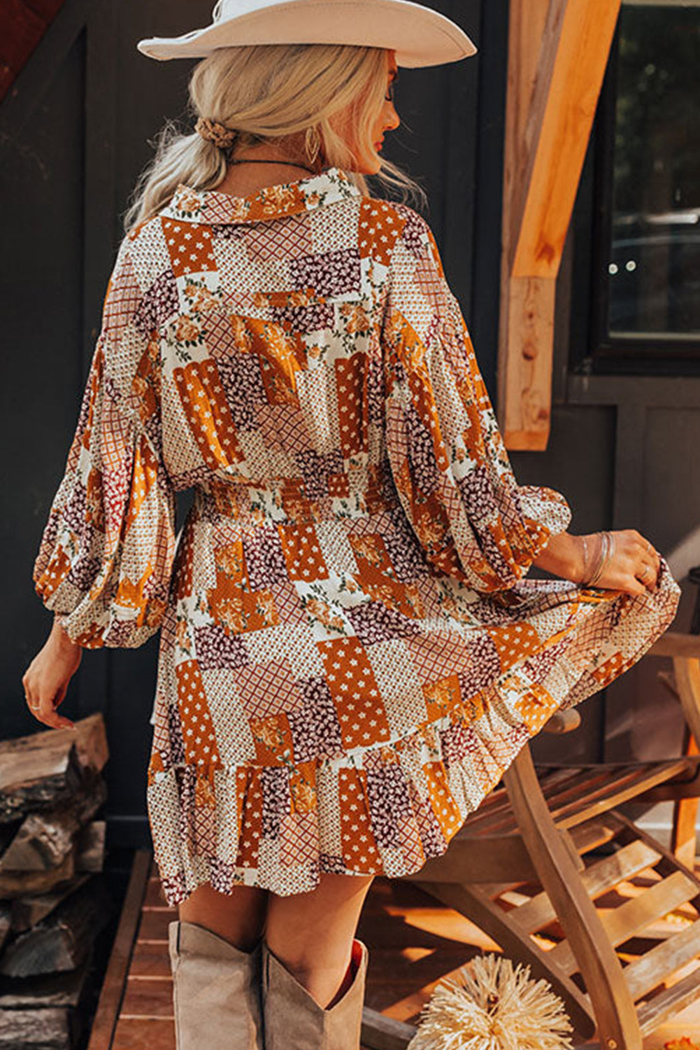 Orange Boho Floral Puff manga Smocked Winist Mini camisa Vestido