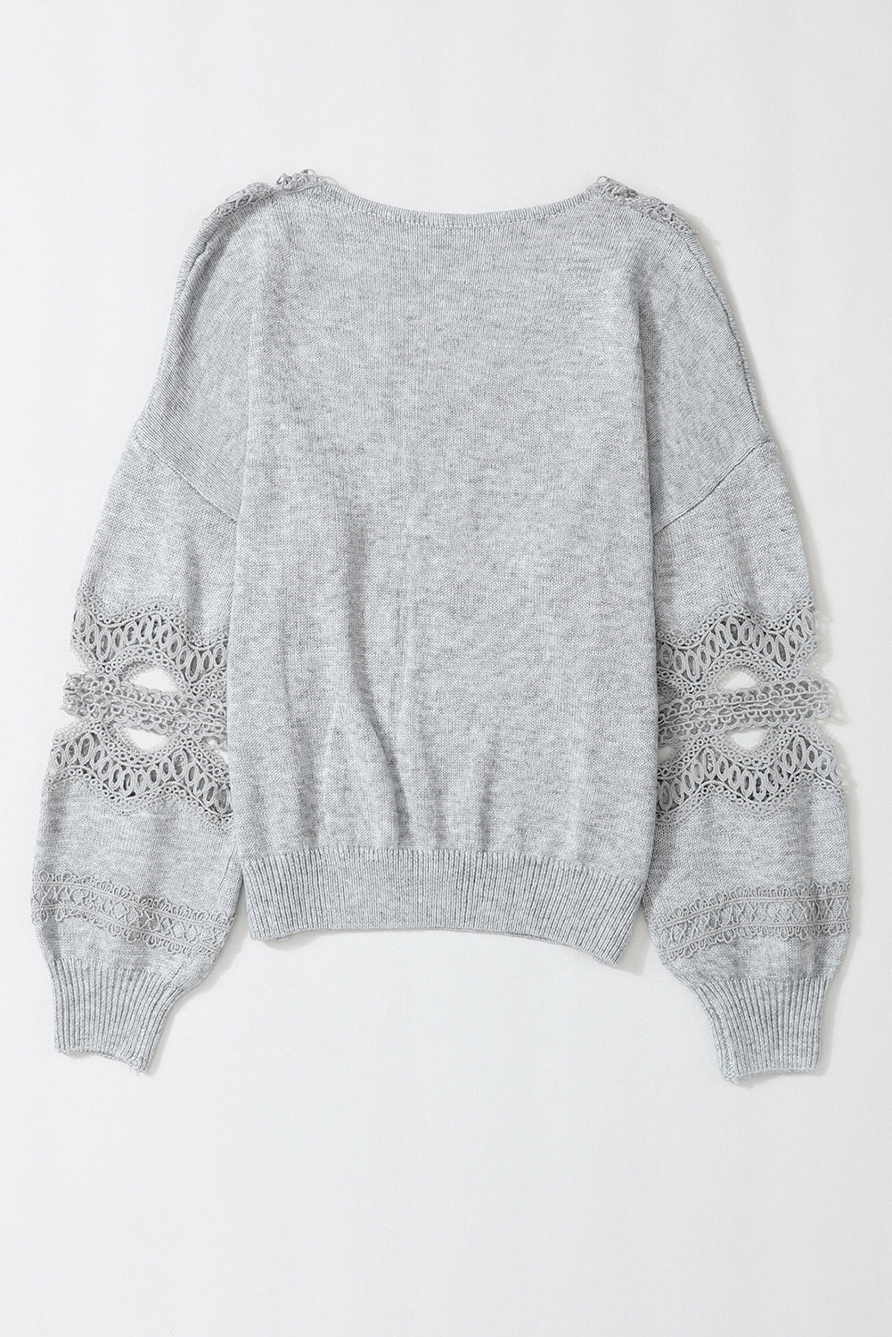 Gray V-neck Hollow Lace Splicing Loose Sweater