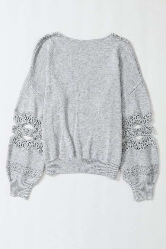 Gray V-neck Hollow Lace Splicing Loose Sweater