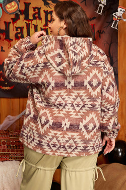 Plus Size Red Western Fashion Aztec Patterned High Neck Half Zip Hoodie