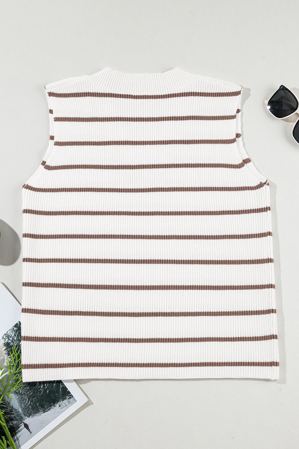 Khaki Stripe V Neck Knitted Loose Sweater Vest