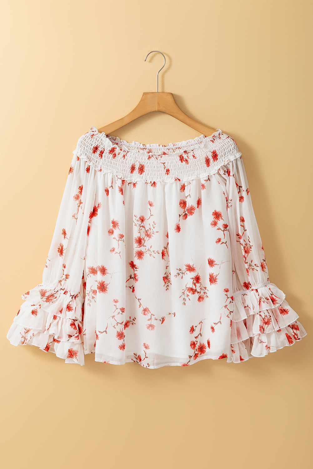 Estampado floral blanco shired fuera de hombro blusa de manga volante