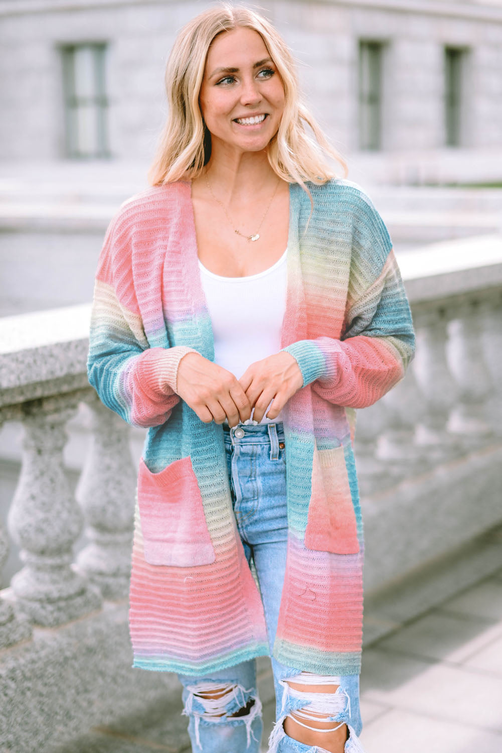 Green  Gradient Knit Open Cardigan with Pockets