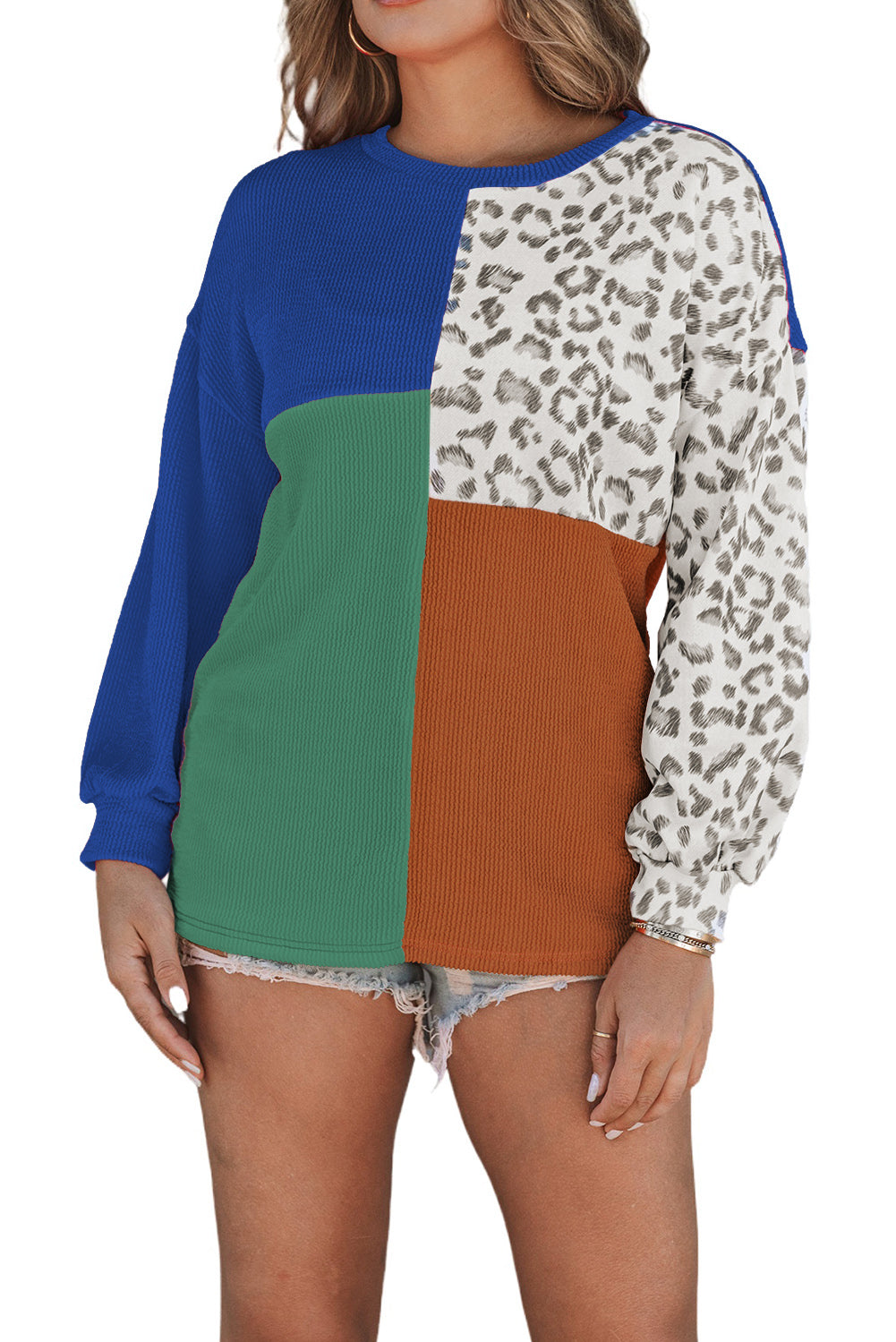 Blue Leopard Patchwork Color Block Ribbed Long Sleeve Top