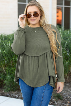 Mist Green Plus Size Knitted Thermal Babydoll Flare Top