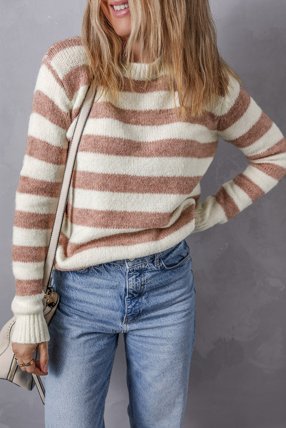 Brown striped casual crew neck sweater