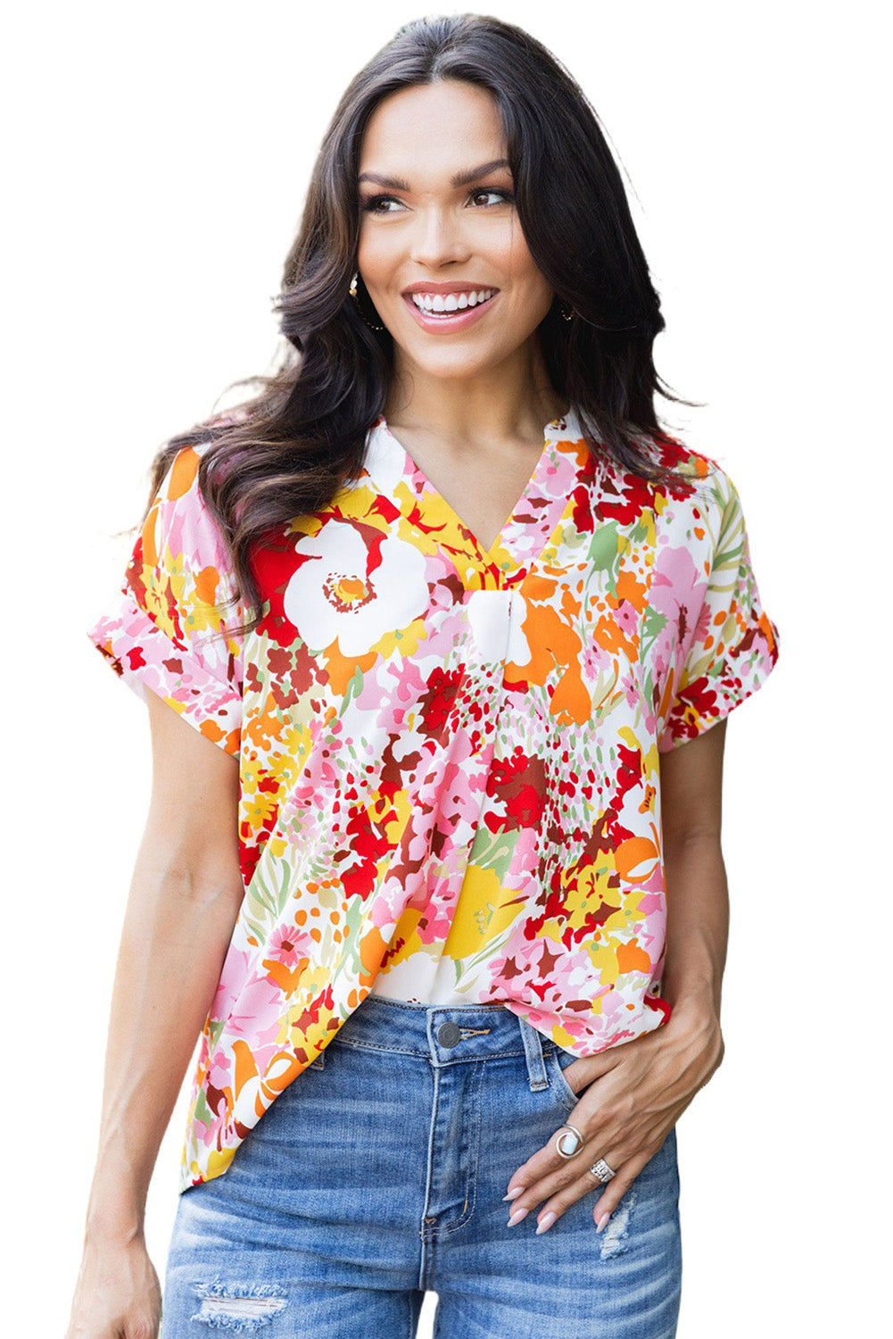 Top de mangas cortas de estampado floral V Boho Boho