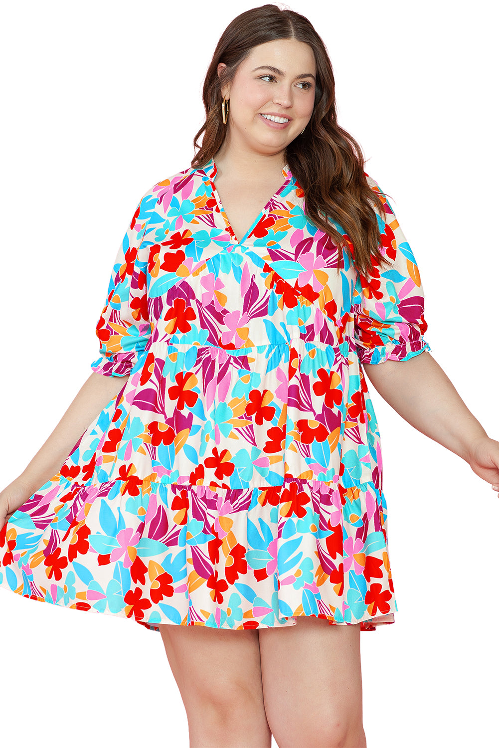 Robe grande taille fleurie multicolore à col en V et volants