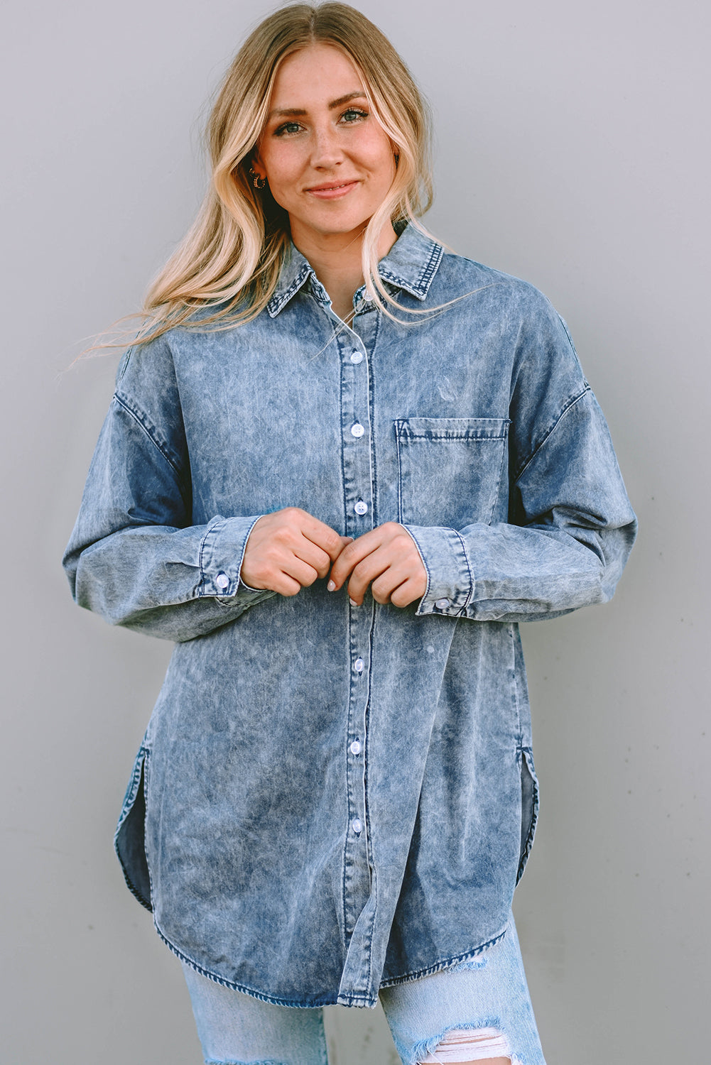 Sky Blue Vintage Washed Pocket Pocket Denim Shirt