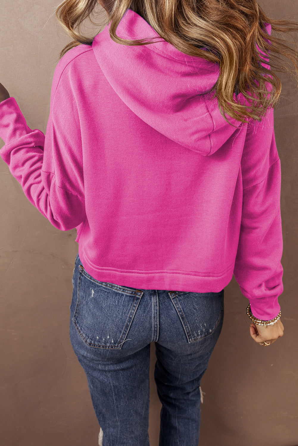 Sachet Plain Pink Drawstring Cropped Hoodie