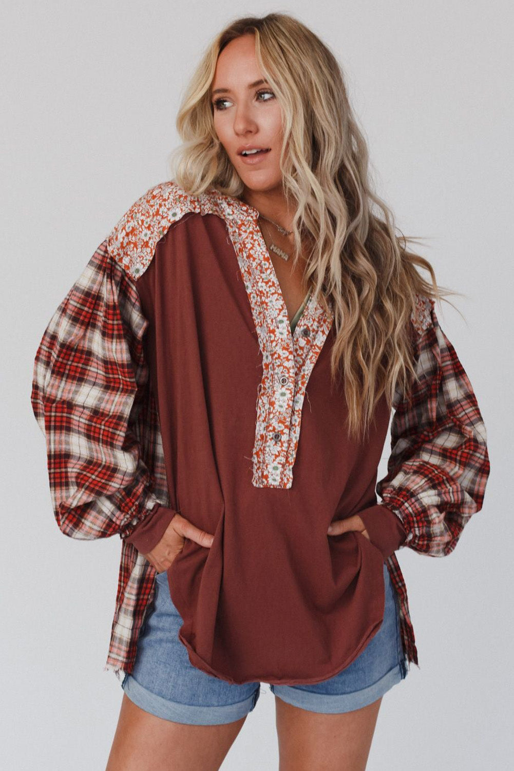 Fiery Red Floral Plaid Mixed Print Bishop Sleeve Patchwork Top