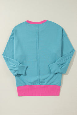 Light Blue Color Block Patchwork Crew Neck Loose Sweatshirt