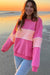 Pink Sachet Color Block Patchwork Sweatshirt with Dropped Shoulders and Ribbed Trim