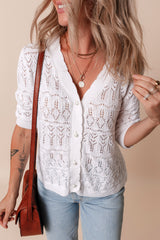 Cardigan blanc Frenchy en maille ajourée à col en V-A WOMAN WE LOVE