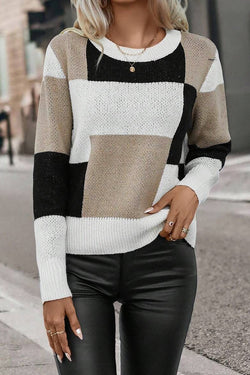 Black Plaid Patchwork Long Sleeve Knitted Sweater