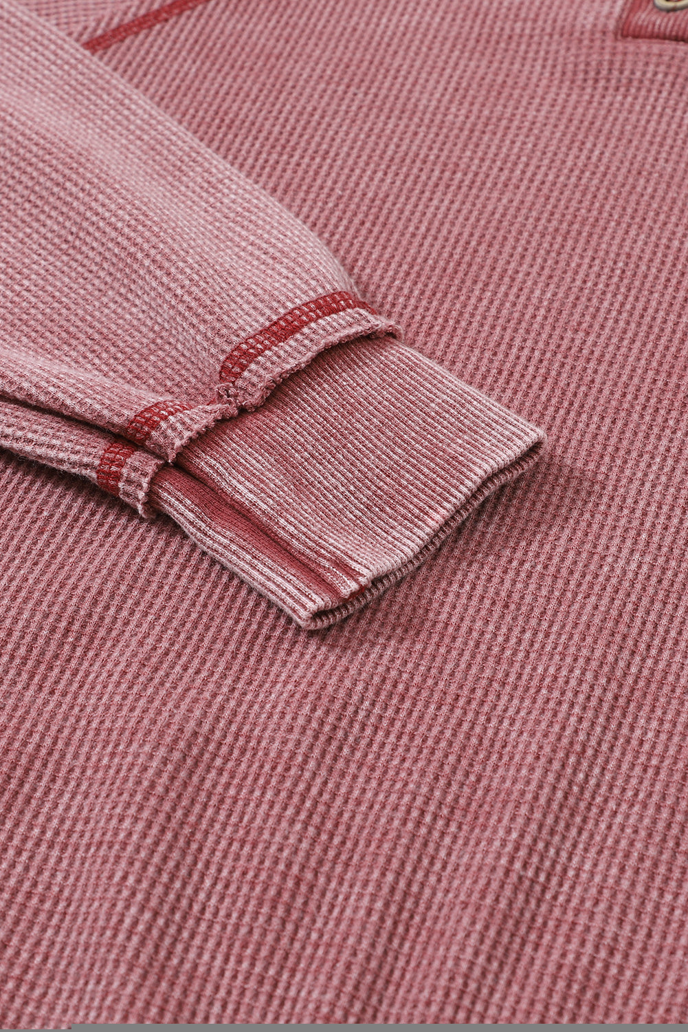 Sweat Henley à manches raglan en tricot gaufré rouge vif