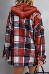 Bright red hooded jacket checkered buttoned on the front