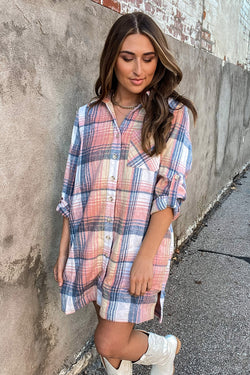 Pink plaid shirt dress with rolled up sleeves and side slit