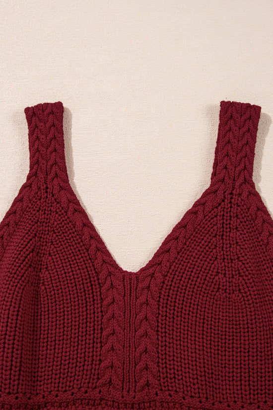 Gilet pull coupe slim à col en V en tricot torsadé bordeaux pointelle