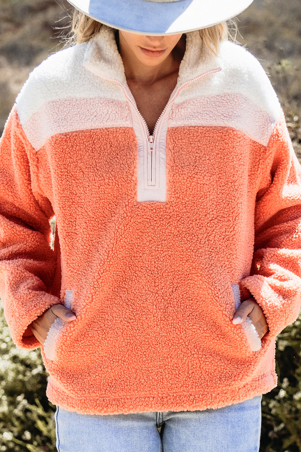 Naranja Colorblock Half Zipper Stand Neck Sherpa Sweatshirt