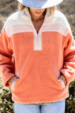 Orange Color Block Sherpa Half Zip Mock Neck Sweatshirt