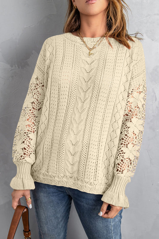 Apricot Crochet Lace Pointelle Knit Sweater