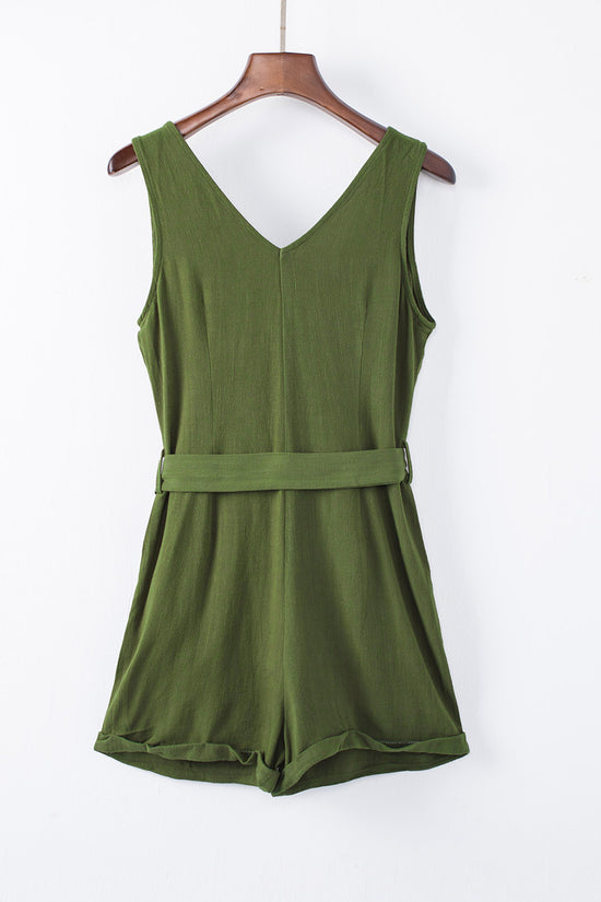 Green V-Neck Buttoned Romper with Belt