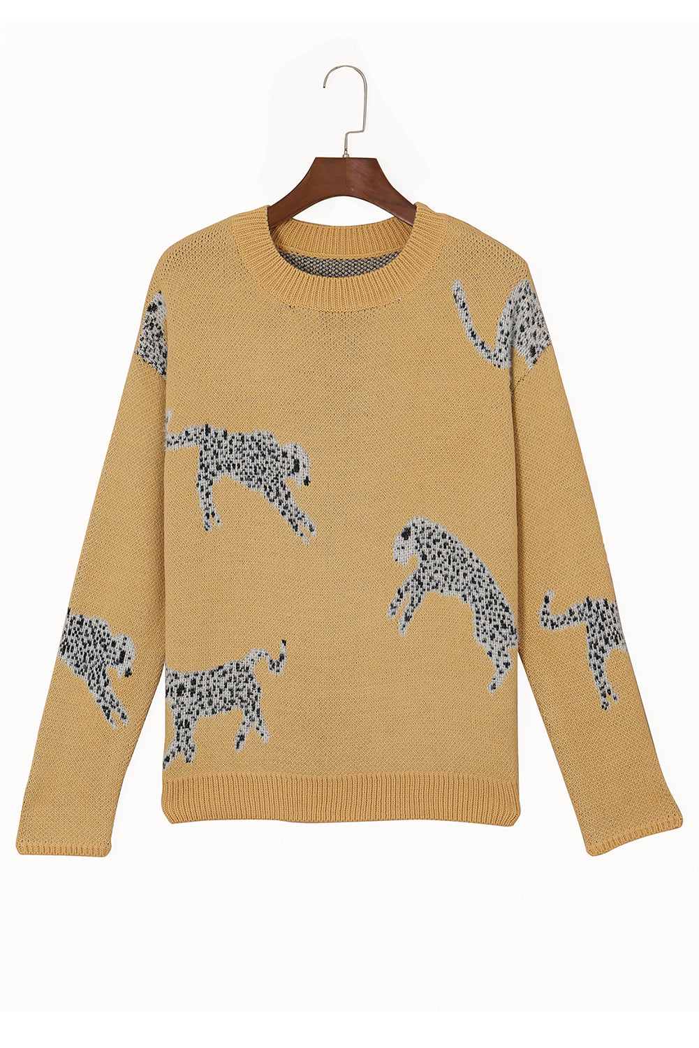 Camel Fuzzy Cheetah Accent Round Neck -Pullover