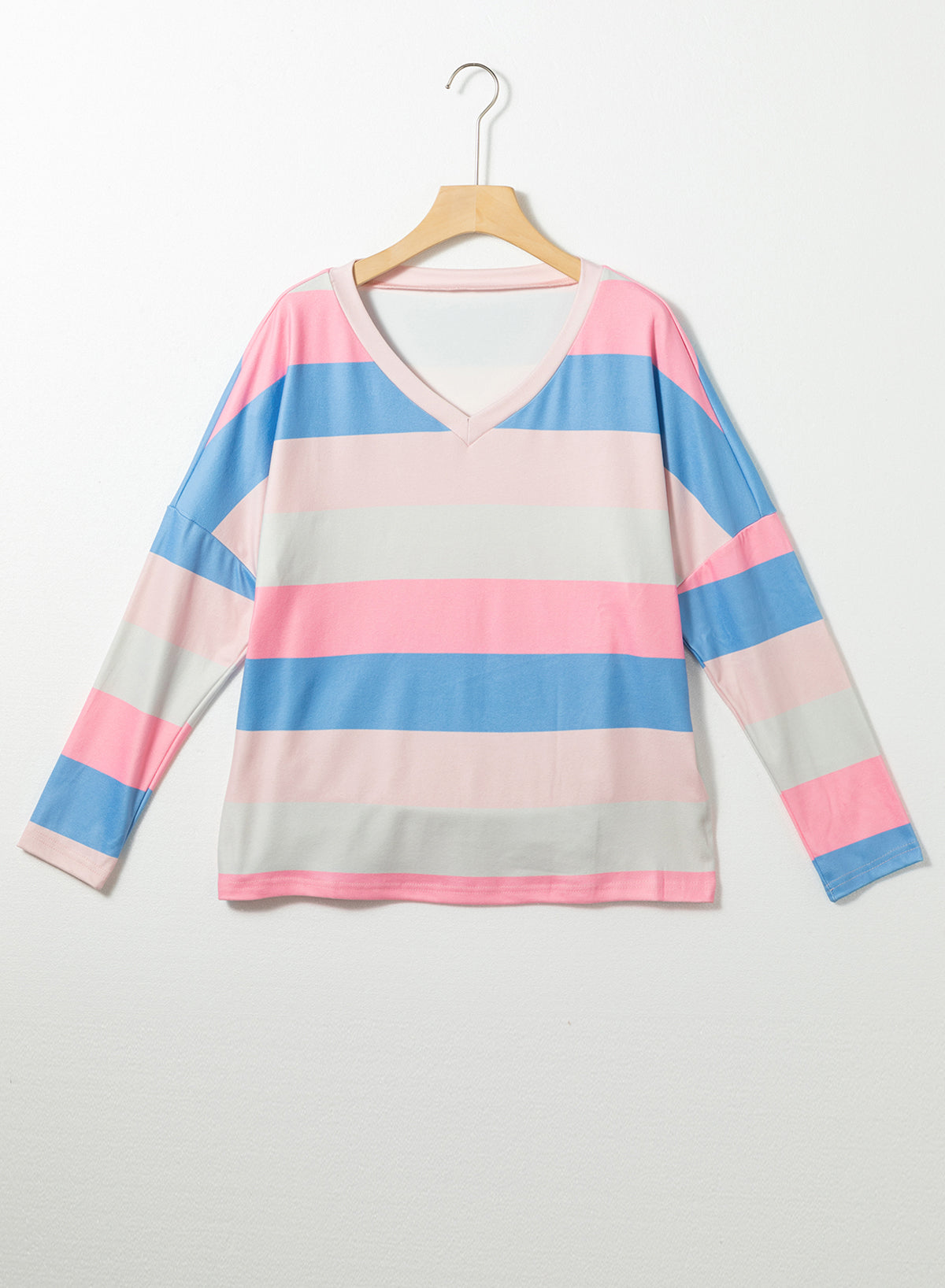 Pink Contrast Striped V Neck Long Sleeve Top