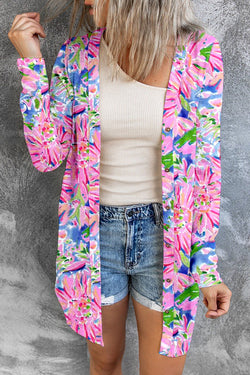 Pink Floral Print Long Sleeve Button Down Cardigan