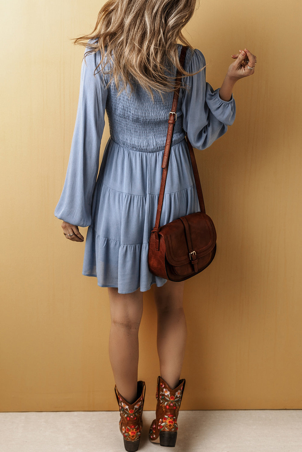 Ashleigh Blue - Long Sleeve Tiered V-Neck Smocked Mini Dress