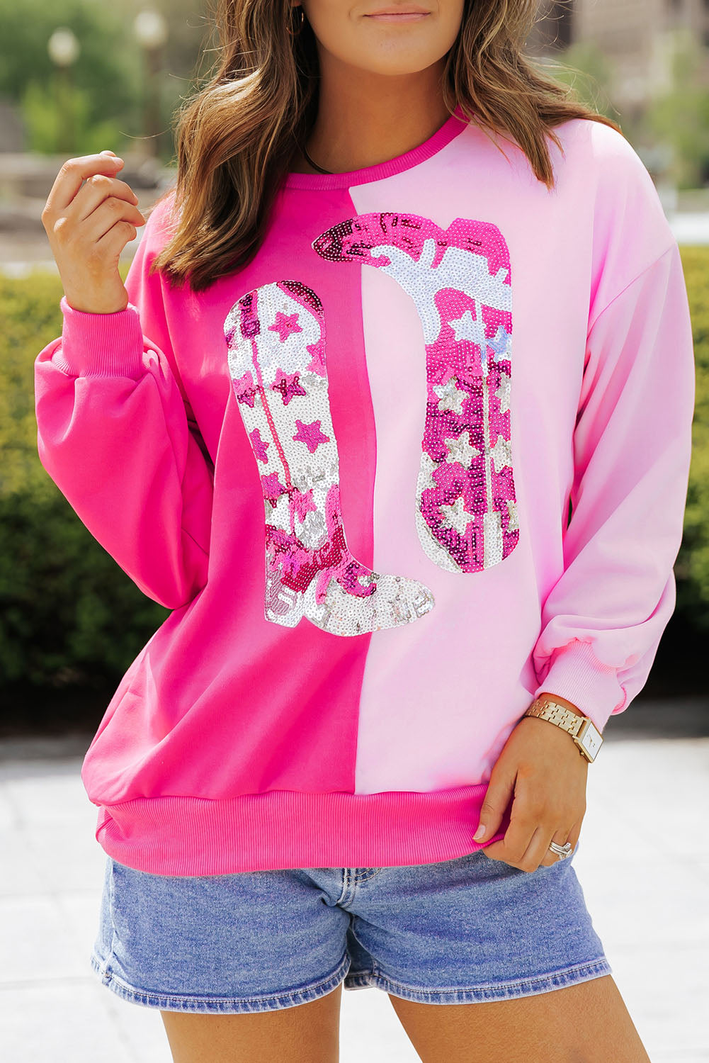 Pinkfarbe Block Pailled Cowgirl Boots Grafik Sweatshirt