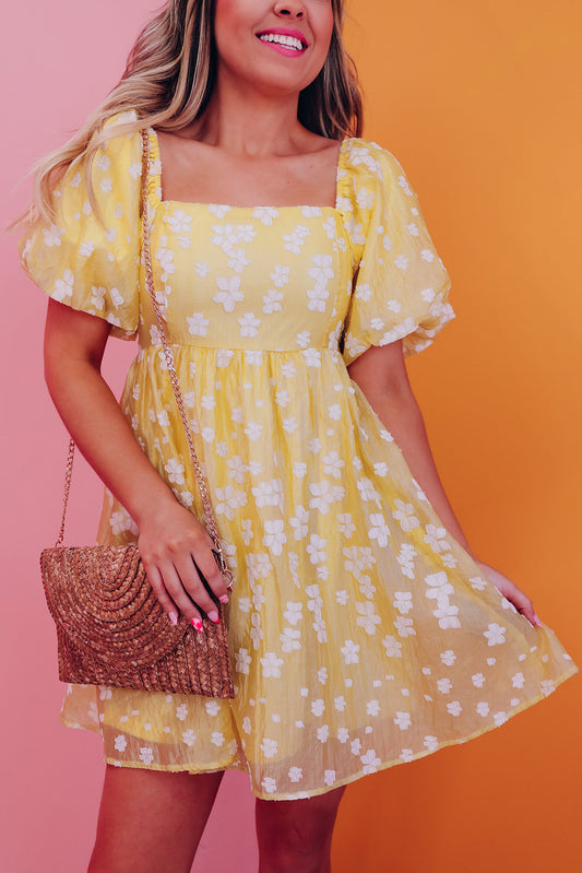 Yellow bohemian floral jacquard square neck puff sleeve mini dress